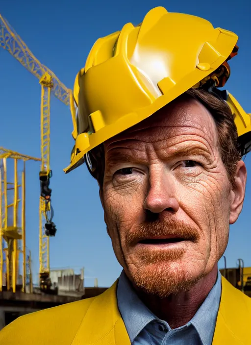 Image similar to closeup portrait of mecha bryan cranston with construction crane arms, yellow hardhat, natural light, bloom, detailed face, magazine, press, photo, steve mccurry, david lazar, canon, nikon, focus