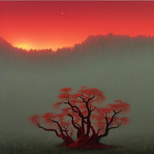 Prompt: landscape painting of redwood forest overrun with red alien vines and cancerous tumor pufball mushrooms with an ominous red sunset, by Beksinski and Ansel Adams and Greg Rutkowski and Moebius