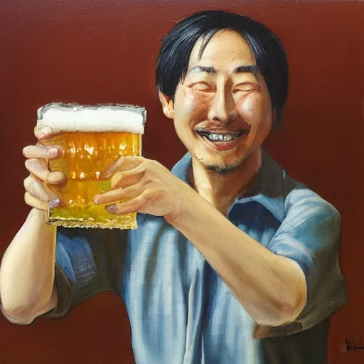 Prompt: a man happily drinks beer by Kimitake Yoshioka.