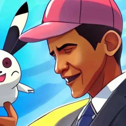 Prompt: key art of barack obama depicted as a pokemon trainer in pokemon sword and shield, he is commanding a pikachu to do battle, clean anime art, trending on twitter.