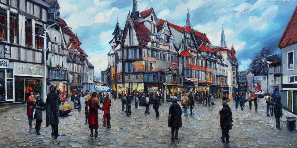 Image similar to Highly detailed oil painting of street life in stavanger by noon, strong atmosphere, oil painting masterpiece by Josep Tapiró Baró, symmetry, fractals