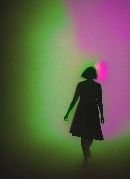 Image similar to a symmetrical female silhouette walking, astral projection, green purple glowing aura, out of body experience, film grain, cinematic lighting, experimental film