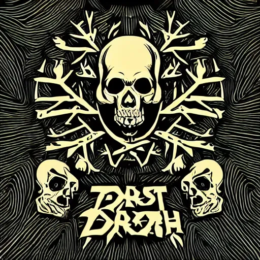 Image similar to dark death metal themed vector illustration for a record label, trees. forest, spikes, skull, microphone, skull, award winning, grunge, iconic, golden ratio