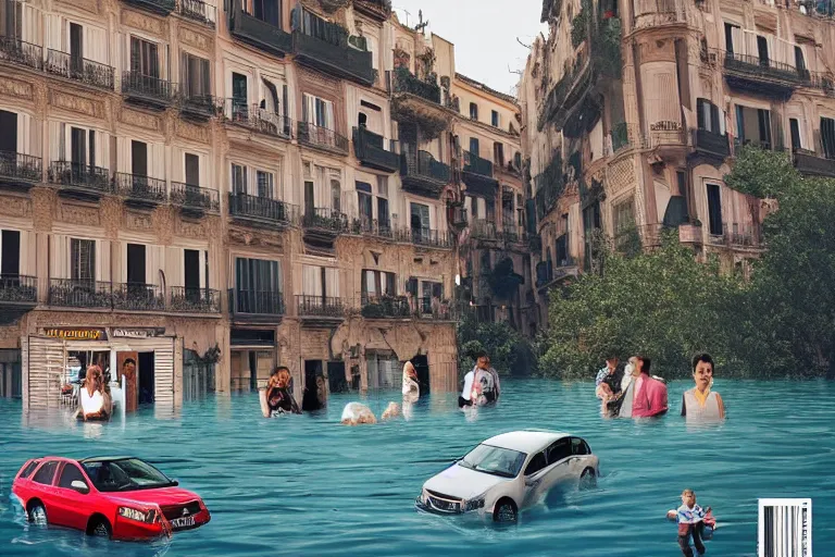 Prompt: touristic magazine ads of a family visiting a catastrophic barcelona, buildings covered with high water, floating cars, catchy graphic design, photo real