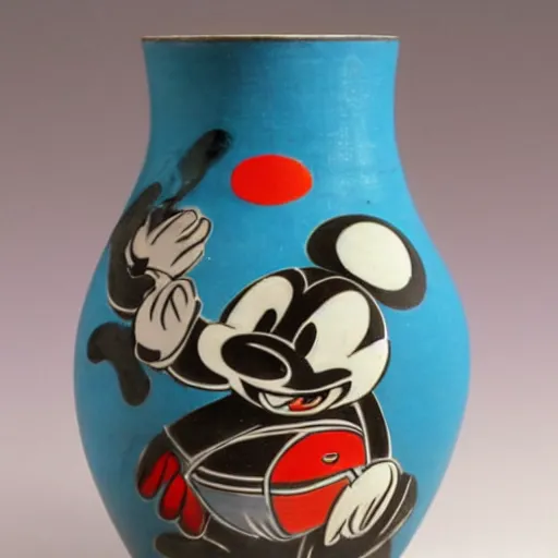 Image similar to vase work, Ancient vase art of Mickey Mouse in art style of chinese art, fragmented clay firing chinese vase with an Mickey Mouse in the style of ancient chinese art, ancient chinese art!!!!! chinese art