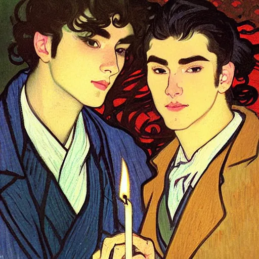 Image similar to painting of young cute handsome beautiful dark medium wavy hair man in his 2 0 s named shadow taehyung and cute handsome beautiful min - jun together at the halloween! party, bubbling cauldron!, candles!, smoke, autumn! colors, elegant, wearing suits!, clothes!, delicate facial features, art by alphonse mucha, vincent van gogh, egon schiele