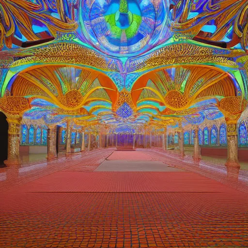 Image similar to world most beautiful mosque by jeff koons, m. c. escher, zdzisław beksinski, beeple, rutkowski, and alphonse mucha, chihuly