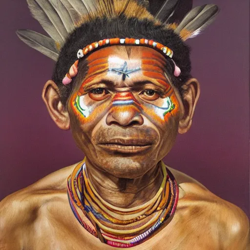 Image similar to high quality high detail painting by lucian freud, hd, full body of a indigenous tribe leader, muted pink color, photorealistic lighting