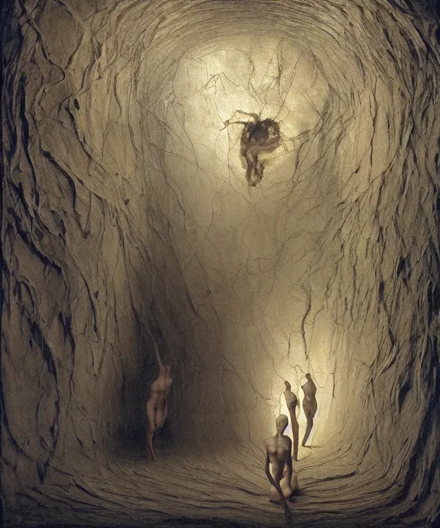 Image similar to The room without doors and windows with beautiful full-body wax sculpture of the glowing transparent woman with visible golden bones inside her in the singularity where stars becoming baroque folds of dark matter by Michelangelo da Caravaggio, Nicola Samori, William Blake, Alex Grey and Beksinski, dramatic volumetric lighting, super detailed oil painting, 8k, masterpiece
