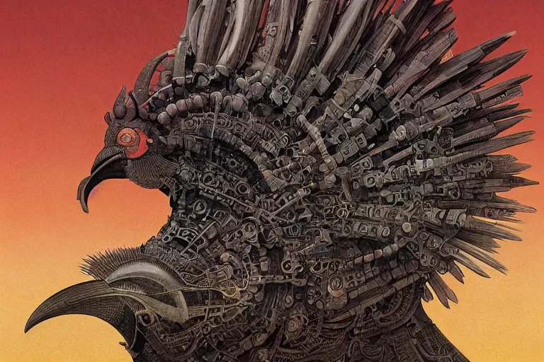 Prompt: digital painting of a gigantic mechanical rooster with beak and talons, by wayne barlowe and bob pepper, dieselpunk, highly detailed, intricate, sharp focus, portrait, talons, anatomy, studio ghibli color scheme, tarot card