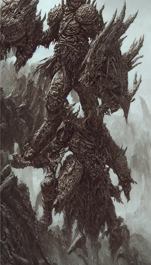 Image similar to beastman concept, wearing tribal armor, beksinski, wayne barlowe, adrian smith fantasy art, the hobbit art, the witcher concept art, trending on artstation - w 6 0 0