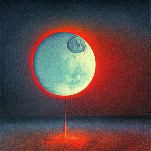 Image similar to the moon on fire by lisa frank inspired by zdzislaw beksinski