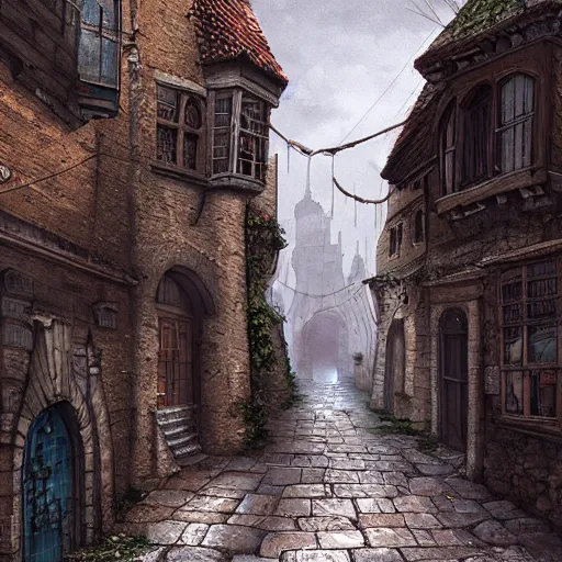 Image similar to medieval town street, gloomy, abandoned, crumbling, dilapidaed, concept art, artstation, illustration