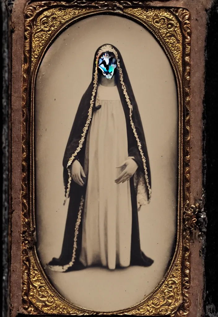 Image similar to daguerreotype, full body view, one woman, virgin mary, dia de muertos dress and make up