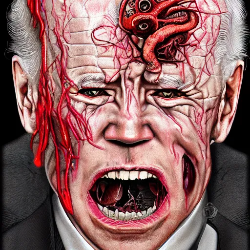 Image similar to biden became bloody ugly lovecraftian degenerate abomination, photo - realistic, color image, 2 k, highly detailed, bodyhorror, occult art, by giger