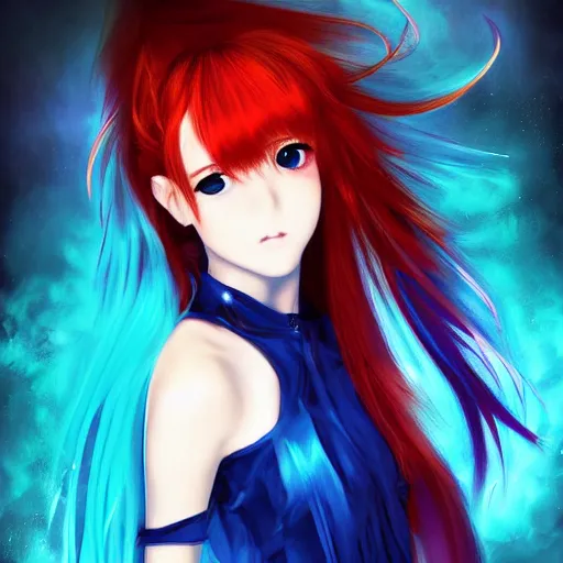 Prompt: advanced digital portrait painting photograph, a teenage anime girl wearing a dress made out of blue fire , full body, very long black/red hair, one yellow and one blue eye, intense stare, cinematic lighting, medium shot, MCU, very high details, trending on artstation, CSP, Photoshop, WLOP, Rossdraws, James Jean, Andrei Riabovitchev, Marc Simonetti, Anastasia Ovchinnikova, BEN MAIER and Sakimichan