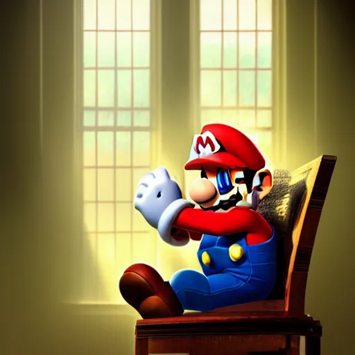 Prompt: mario sitting in a chair in his living room with sunlight pouring in through a window, portrait, fantasy, beautiful face, vivid colors, elegant, concept art, sharp focus, digital art, hyper - realistic, 4 k, unreal engine, highly detailed, hd, dramatic lighting by brom, trending on artstation