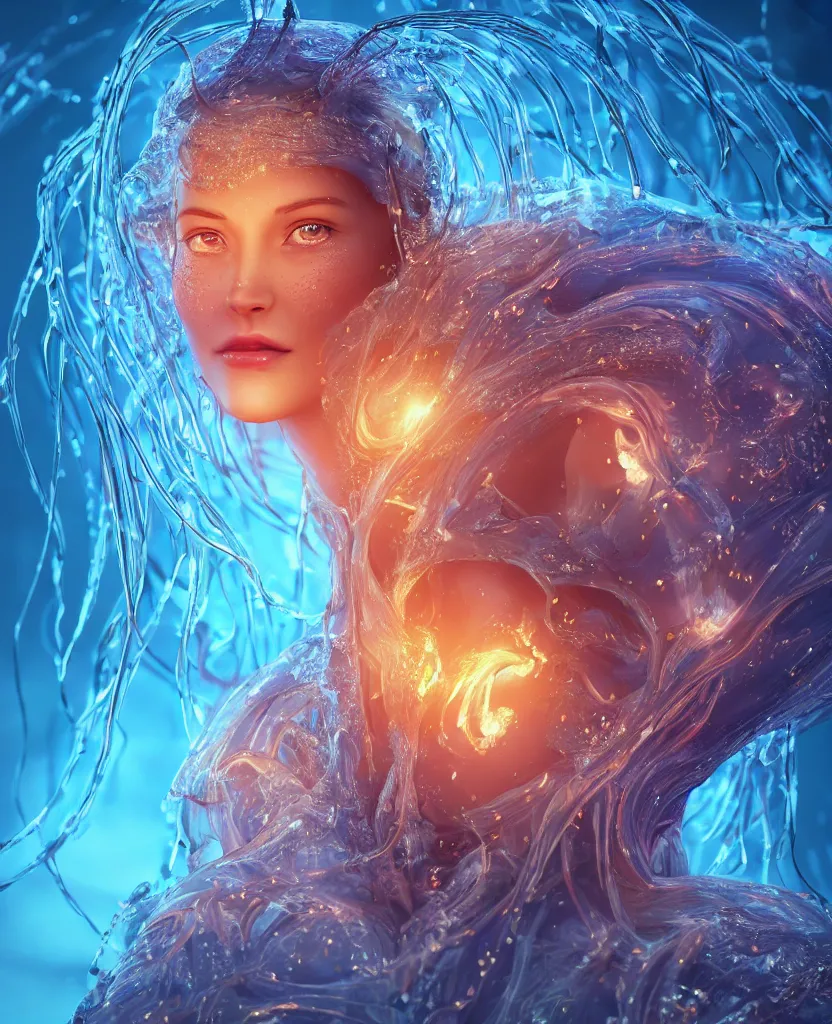 Image similar to close-up macro portrait of the face of a beautiful princess, epic angle and pose, symmetrical artwork, 3d with depth of field, blurred background, cybernetic jellyfish female face skull phoenix bird, translucent, nautilus, energy flows of water and fire. a highly detailed epic cinematic concept art CG render. made in Maya, Blender and Photoshop, octane render, excellent composition, cinematic dystopian brutalist atmosphere, dynamic dramatic cinematic lighting, aesthetic, very inspirational, arthouse. y Greg Rutkowski, Ilya Kuvshinov, WLOP, Stanley Artgerm Lau, Ruan Jia and Fenghua Zhong