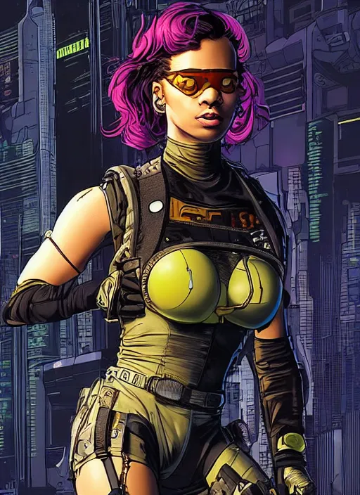 Image similar to selina igwe. cyberpunk mercenary in tactical harness and jumpsuit. dystopian. portrait by stonehouse and mœbius and will eisner and gil elvgren and pixar. realistic proportions. cyberpunk 2 0 7 7, apex, blade runner 2 0 4 9 concept art. cel shading. attractive face. thick lines. moody industrial landscape.