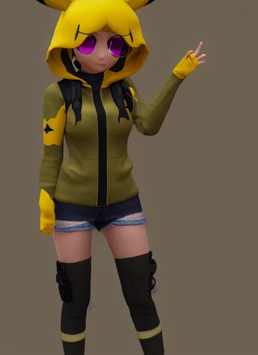 Image similar to vrchat, secondlife, imvu, 3 d model of a girl in a pikachu hoodie, hq render, detailed textures, artstationhd, booth. pm, highly detailed attributes and atmosphere, dim volumetric cinematic lighting, hd, unity unreal engine