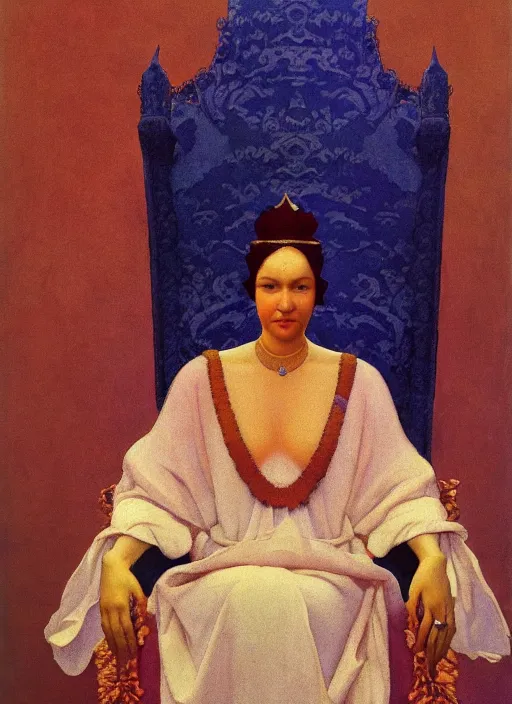 Image similar to an oil painting a queen with dark hair and white fair skin standing on a throne by maxfield parrish, by nicholas roerich, highly detailed, realistic, realism, oil painting, 1 9 th