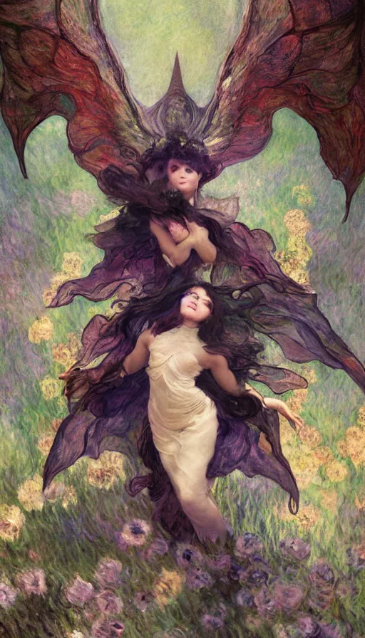 Prompt: illustration studio portrait of three beautiful dark bat winged seraphim female energies with fibonacci spiral hornes, in artistic poses in nature, monet painterly motives and textures pattern, hyper detailed, octane render, vivid colors, artstation, by jeremy mann, by alphonse mucha, by monet