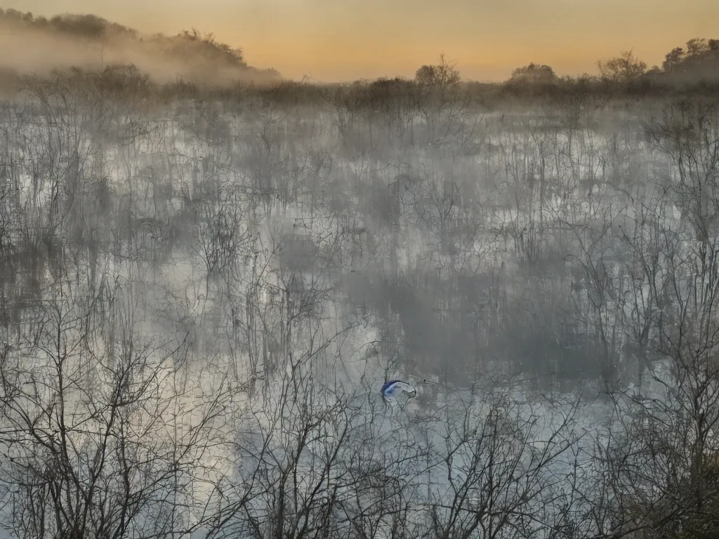 Image similar to A landscape photo taken by Kai Hornung of a river at dawn, misty, early morning sunlight, cold, chilly, two swans swim by, rural, English countryside