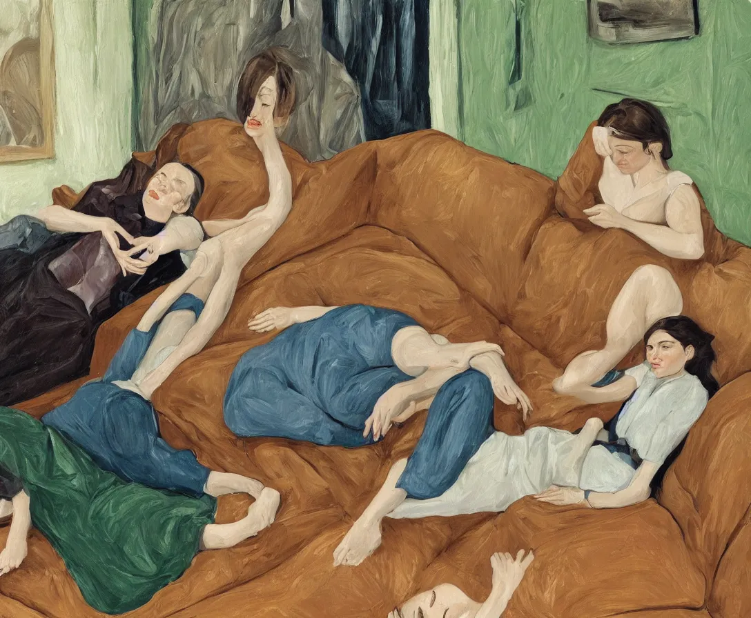 Image similar to portrait of two women lying horizontal, in an old english apartment on a brown leather sofa. one is wearing a dark blue sweather, the other a white shirt. brown hair, they are looking into the camera. wide shot. in the style of lucien freud. oil painting. green mood. isometric perspective