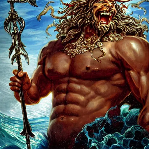 Prompt: close up portrait of strong and proud young Poseidon, king of the sea, with scepter and crown, screaming, ready to fight, rising from the ocean by Ross Tran and Thomas Cole and Wayne Barlowe
