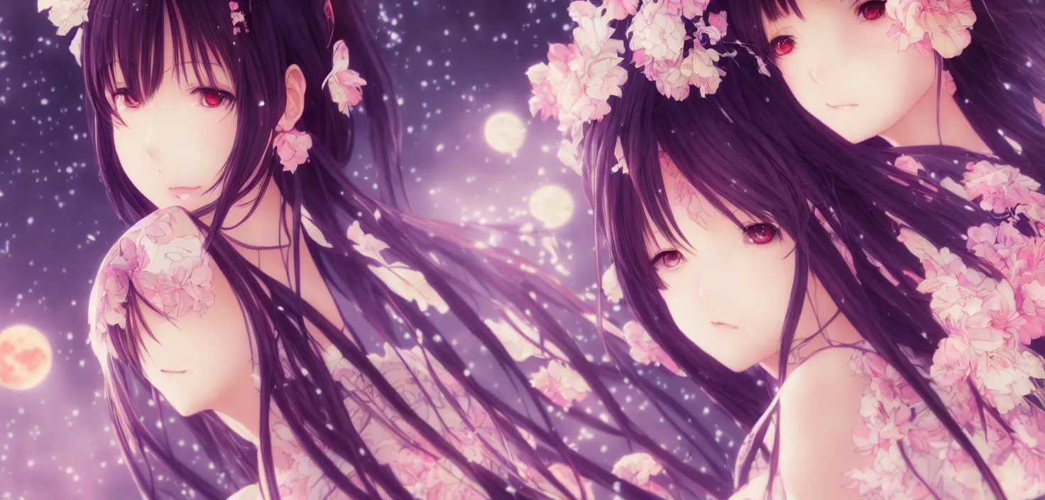 Image similar to portrait three beautiful anime girls wear coctail kimono closeup | | sunny night, full moon, dreamlike art, realistic shaded, smile, good looking, hyper details, 4 k realistic, cryengine, realistic shaded lighting poster by artgerm, ross tran, fuji choko, 8 k resolution, trending on artstation, luxury