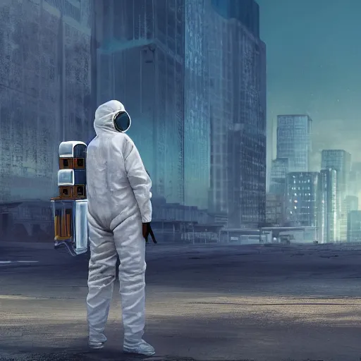 Image similar to a beautiful award-winning photo of the last man on Earth wearing a cybernetic hazmat suit, serene idyllic post-nuclear background, skyline of a derelict city in the background, volumetric lighting, very high quality, extremely detailed, subtle visual noise, 8K