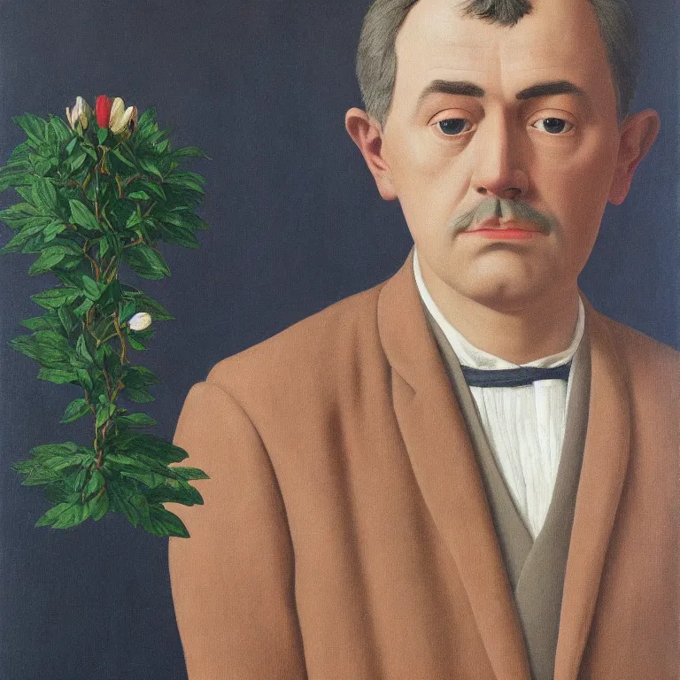 Image similar to portrait of a man, beautiful flowers replaced his head, by rene magritte, detailed painting, hd, hq, high resolution, high detail, 4 k, 8 k