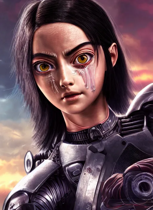 Image similar to Alita Battle Angel, digital painting, cyberpunk, aesthetic, faded, full body portrait, hyper realistic render, 8k