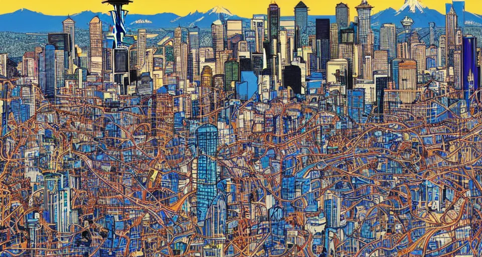 Image similar to Seattle skyline, by james jean