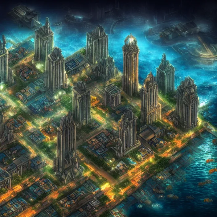 Image similar to hyper realistic, high detail photo of city of atlantis, underwater, lights on buildings, beautiful, dreary lighting