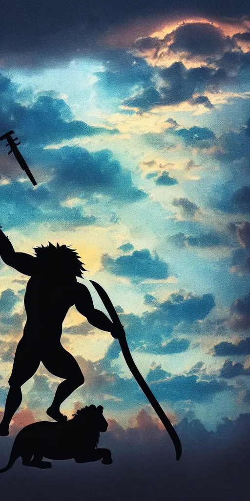 Image similar to muscular oversized lion animal as barbarian hunter covered in blood with weapon and anthropomorphic human oversized mutant proportions and very hairy body , backlight body , extreme very textured detailed panoramicpolaroid photograph, silhouette over sunset, dramatic clouds and cyan atmosphere