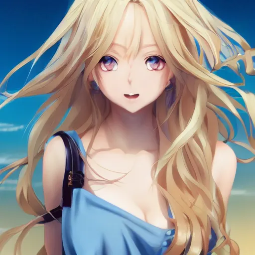 Image similar to a very beautiful anime cute girl, full body, long wavy blond hair, sky blue eyes, full round face, short smile, fancy top, miniskirt, front view, medium shot, mid-shot, highly detailed, cinematic wallpaper by Stanley Artgerm Lau