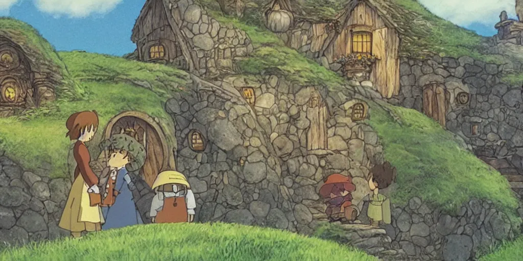 Prompt: a still from howl's moving castle of hobbiton, studio ghibli