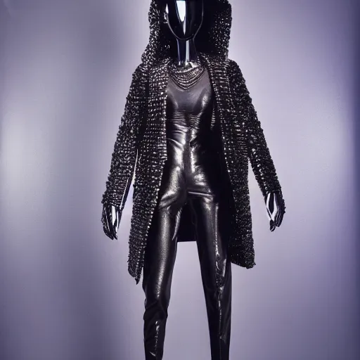 Image similar to an elegant mannequin, dressed in an intricate futuristic outfit, baggy pants, puffy shiny coat, sneakers, in a studio setting, studio lighting, dramatic lighting, studio photography