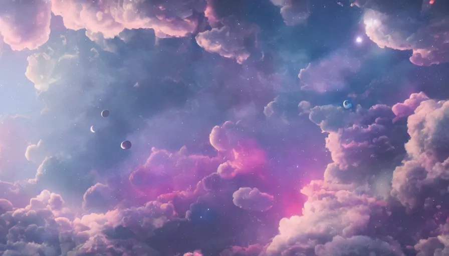 Image similar to hexagon floating in space, colorful clouds below, solar eclipse, matte painting, trending on artstation, realistic, octane render, cinematic, epic