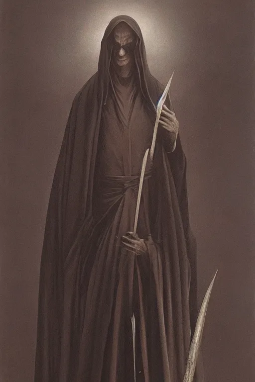 Image similar to a vampire wearing a long black robe with large bat ears and gray sin, character art, painting by zdzisław beksinski