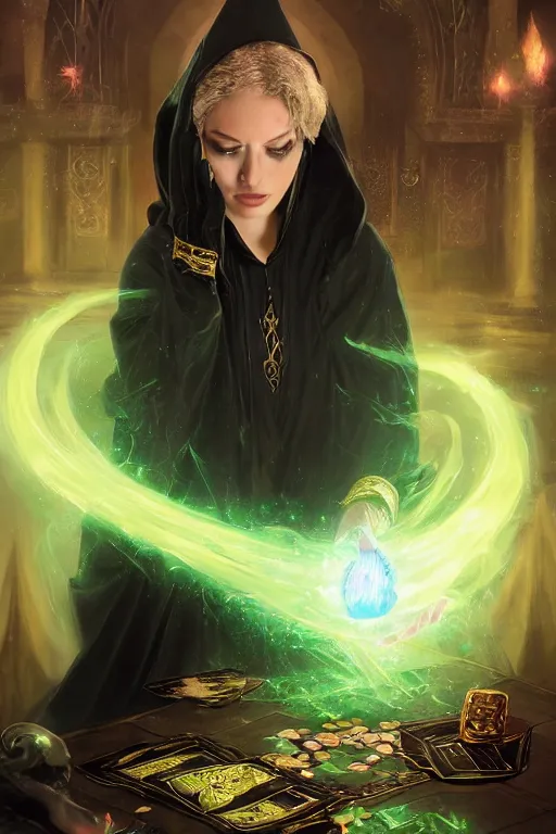 Image similar to a sorceress wearing a black robe with gold embroidery, sitting at table, casting a spell, green glows, painted by artgerm and tom bagshaw and wlop and stefan kostic, in the style of magic the gathering, highly detailed digital art