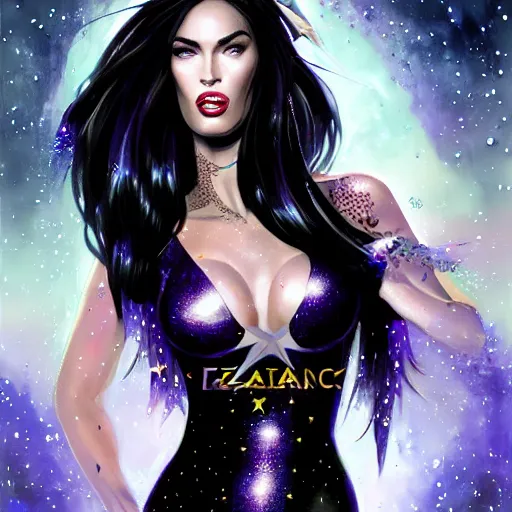 Image similar to portrait of megan fox as zartanna, wearing a tight black latex dress with galaxy lights and stars, sultry muscular body, fantasy, intricate, elegant, highly detailed, digital painting, artstation, concept art, matte, sharp focus, perfect face symmetry, illustration, art by aenaluck and roberto ferri and greg rutkowski, epic fantasy, digital painting