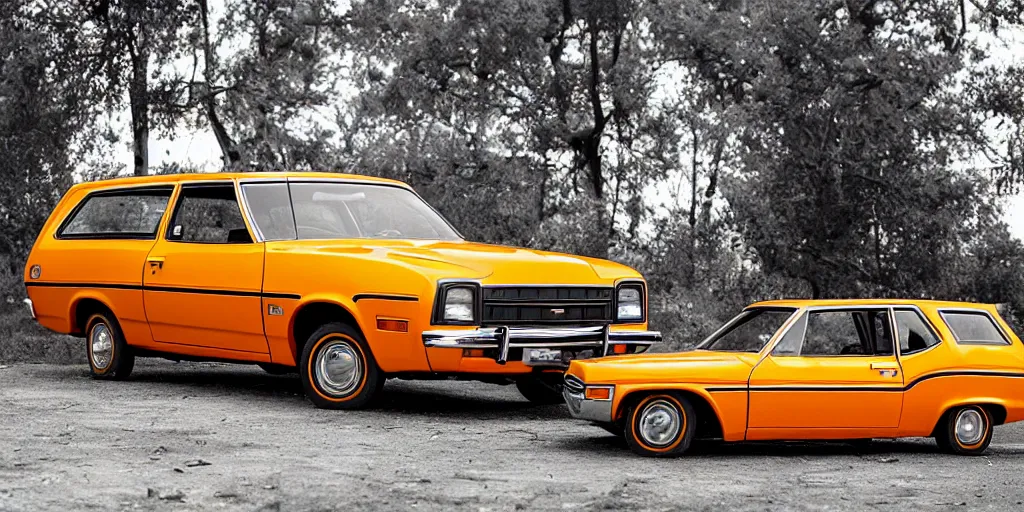 Image similar to 1 9 7 3 ford pinto stationwagon, yellow - orange color, wide - angle lens, dramatic lighting, cool marketing photo