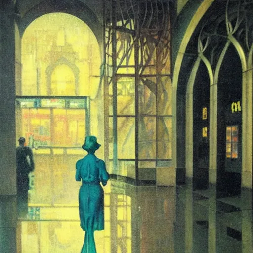 Image similar to 1 9 3 0 s detailed oil painting of a woman, cyberdeco cloisters, electronic billboards, tech noir, wet reflections, atmospheric, ambient, livia prima, george tooker, greg rutkowski, wlop, gil elvgren, grant wood, alexis flower, hopper, mucha, whistler, norman rockwell, peter max,