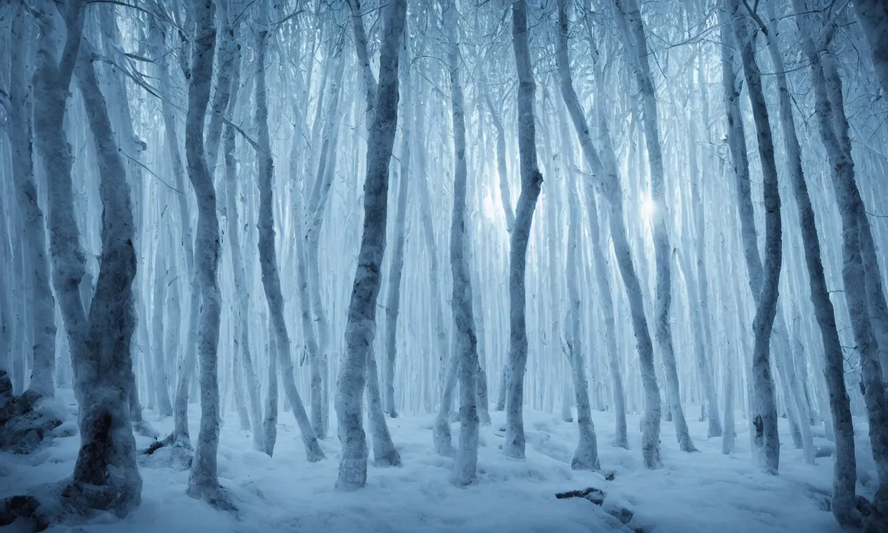 Prompt: Ice crystal forest in the background, cinematic lighting, cinematic angle, Guillem H. Pongiluppi, Sviatoslav Gerasimchuk, Federico Pelat, dusk