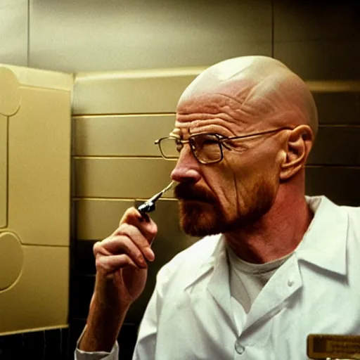 Prompt: walter white smoking in a mcdonalds bathroom