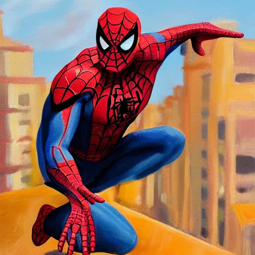 Image similar to spiderman kneels, praying to spider god, oil painting