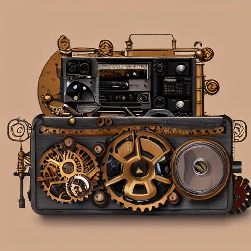 Prompt: steampunk tape recorder, fisheye, digital art, 8k, fine details, trending on artstation