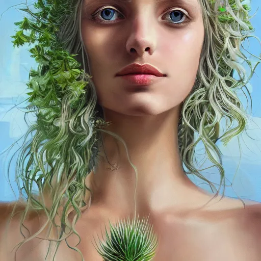 Image similar to a symmetrical portrait of a blonde woman with plants in hair, oil painting, pale colors, high detail, 8 k, wide angle, trending on artstation,